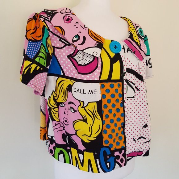 Unique Handmade Button Through Cartoon Short Crop Blouse Top Cosplay Relaxed Fit - Picture 3 of 12